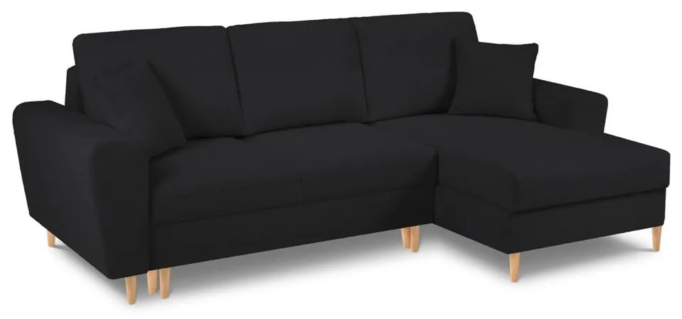 Czarny rozkładany/ze schowkiem narożnik z materiału bouclé (prawostronny/z szezlongiem) Kyoto – Cosmopolitan Design