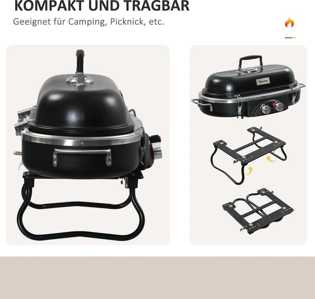 Outsunny Składany Grill Gazowy 2,34 KW BBQ z 2 Palnikami ze Stali Nierdzewnej Regulatorem Ciśnienia 66 x 34,5 x 37 cm Czarny