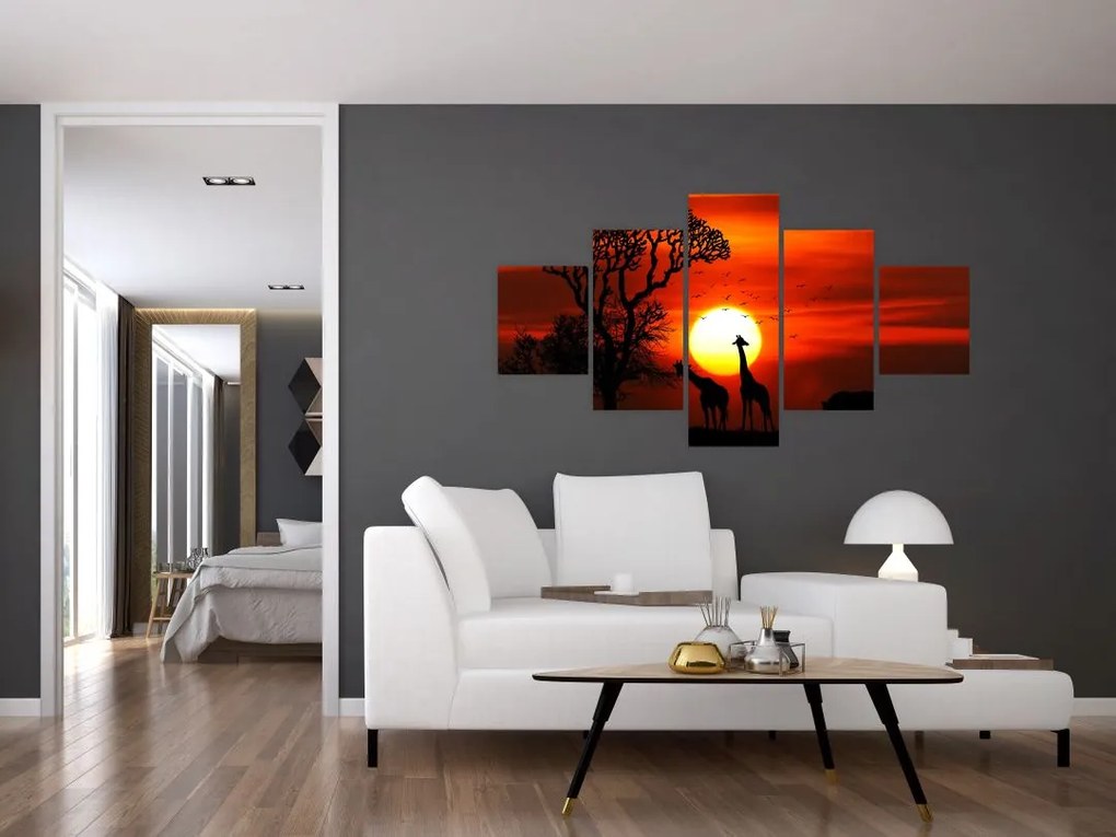 Obraz - Sylwetki zwierząt o zachodzie słońca (125x70 cm)