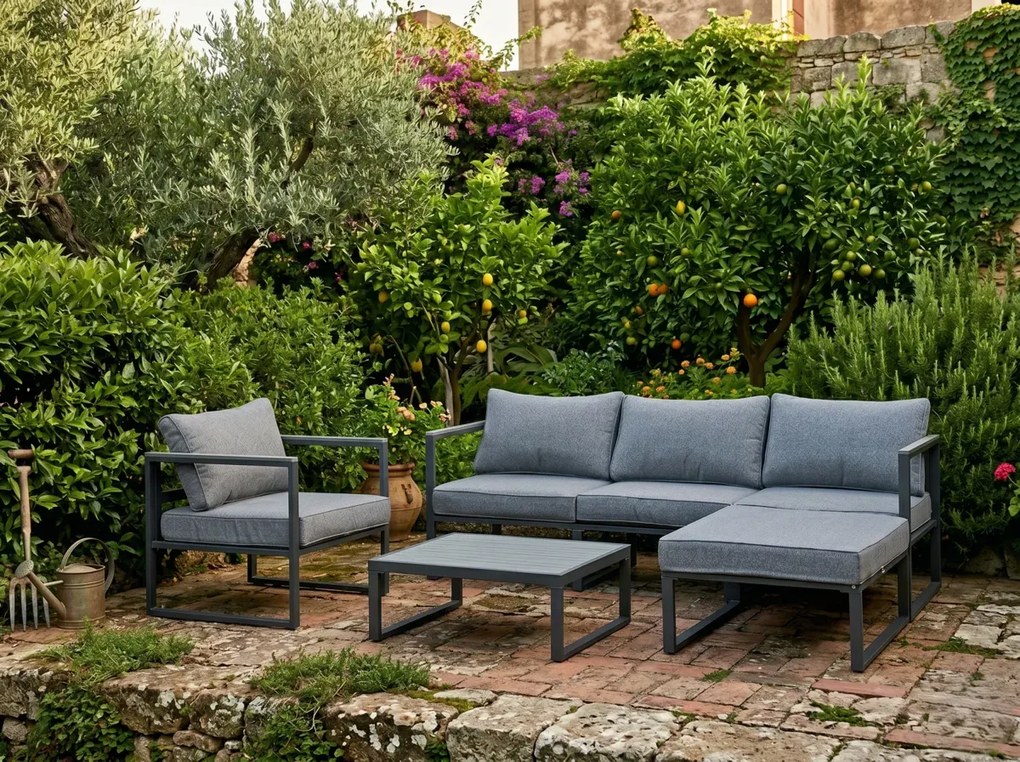 Zestaw Mebli Ogrodowych (Duża 3os. sofa, fotel, pufa i stolik) MOSTRARE szary, aluminium + detale polywood