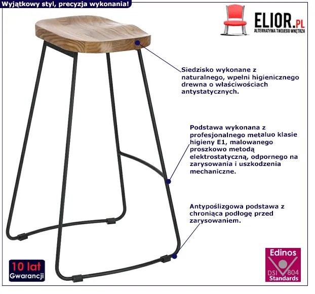 Industrialny taboret drewniany z metalowymi nogami - Ilmla