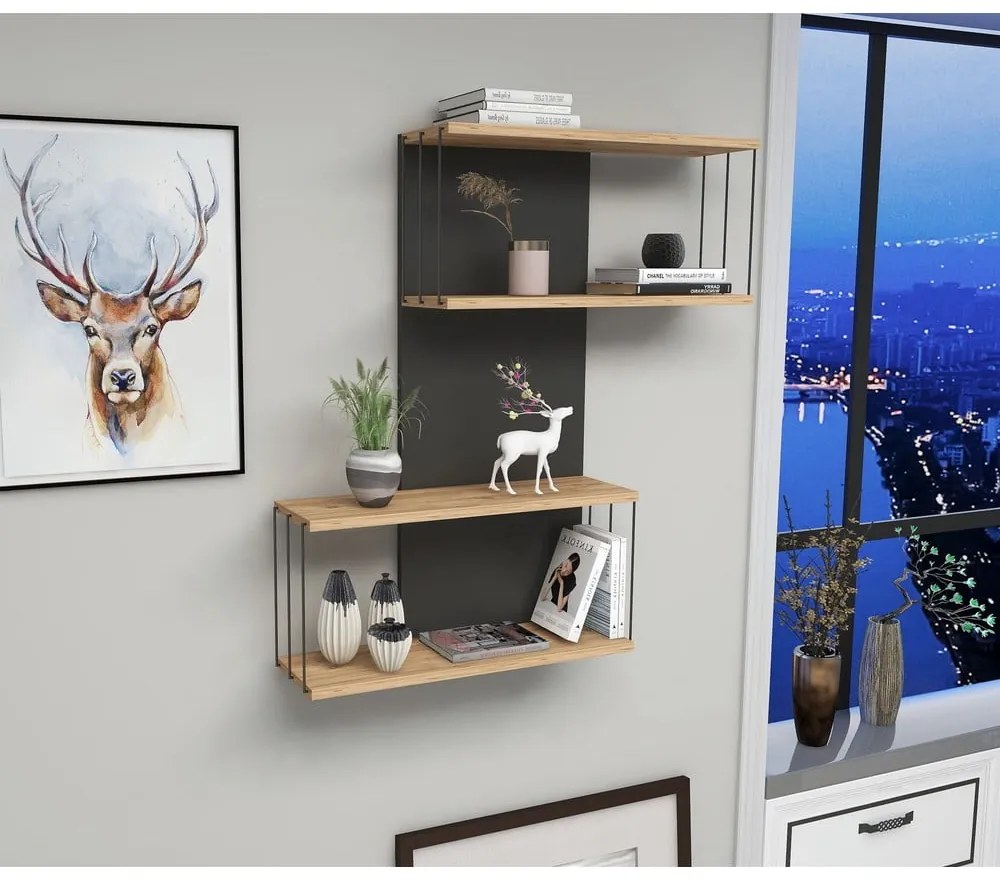 Antracytowo-naturalna wielopoziomowa półka w dekorze sosny 65 cm Destan – Kalune Design