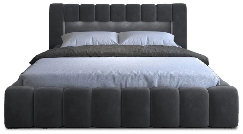 Szare tapicerowane łóżko dwuosobowe ze schowkiem ze stelażem 160x200 cm Lamica – ELTAP