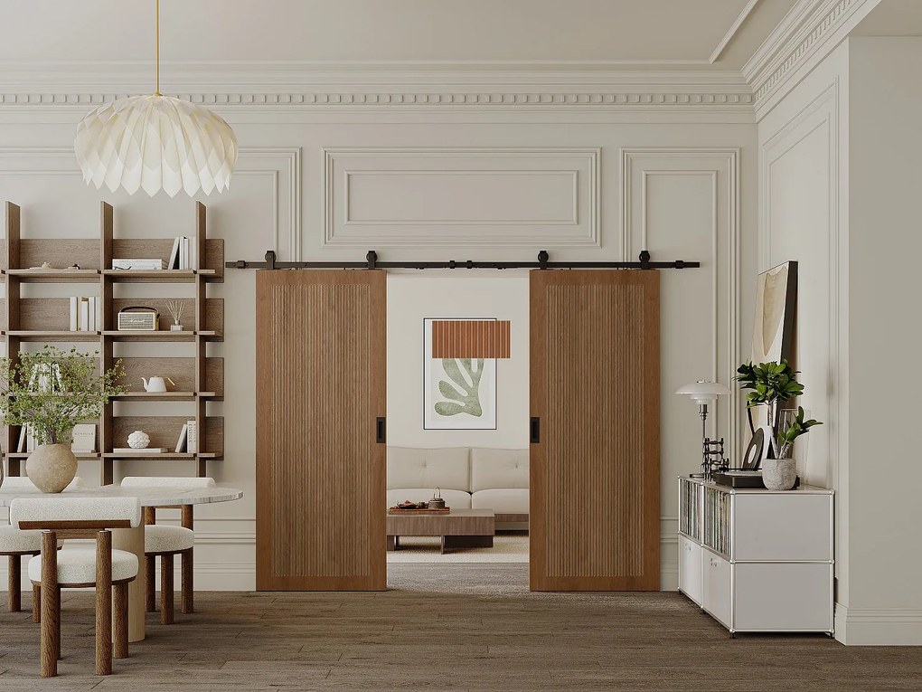 Drzwi przesuwne naścienne podwójne z MDF i drewna naturalny ciemny - 2 x wys. 205 x szer. 73 cm - SANDORA