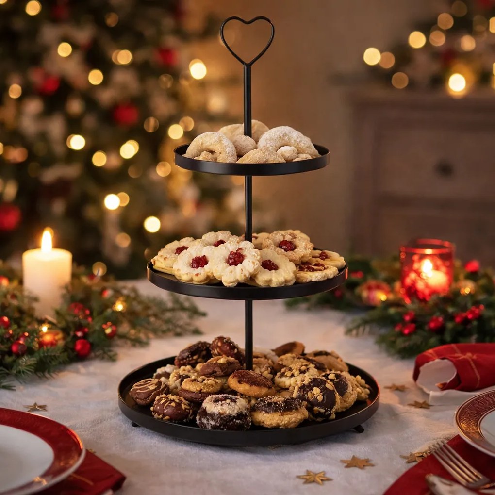 Patera metalowa 3-piętrowa, 30 × 30 × 48 cm, czarny