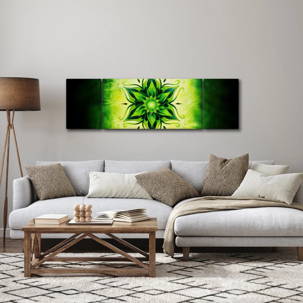 Obraz - Kwiatowa mandala na zielonym tle (170x50 cm)
