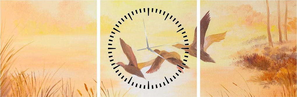 Obraz - Żurawie o zachodzie słońca (z zegarem) (90x30 cm)