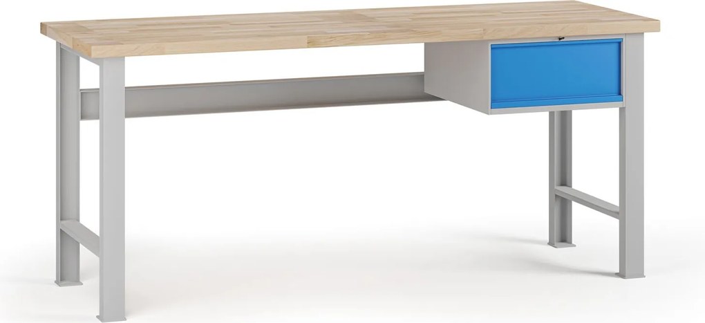 Stół warsztatowy G7, blat bukowy, 2000 x 800 x 840 mm, 1x kontener, 1x szuflada, niebieski