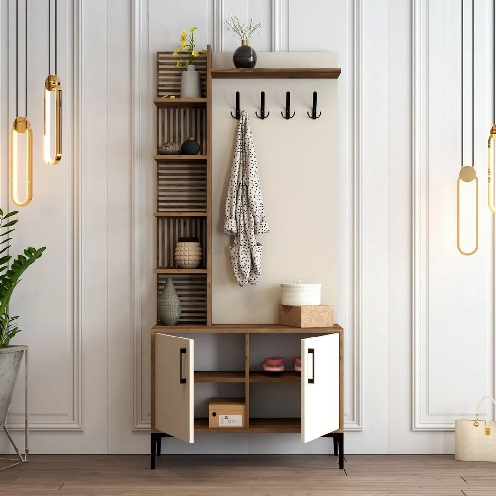 Wieszak z szafką na buty i półkami Viyana Walnutand Cream