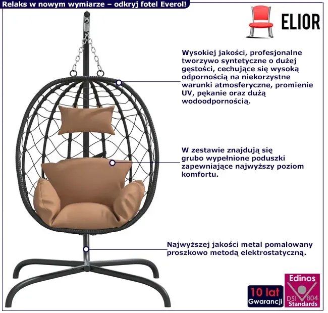 Wiszący fotel ogrodowy typu kokon taupe - Nadio