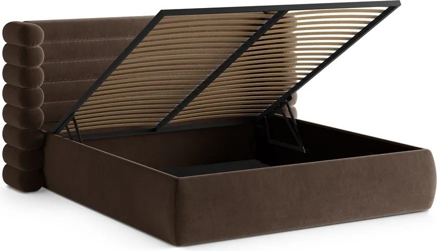 Brązowe tapicerowane łóżko dwuosobowe ze schowkiem ze stelażem 200x200 cm Mount – Micadoni