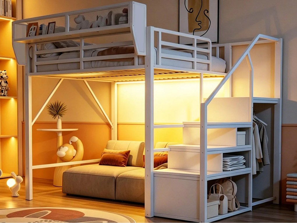 Łóżko piętrowe 140 × 200 cm - z oświetleniem LED - z drabinką bezpieczeństwa - z przestrzenią do przechowywania - biały (materac nie w zestawie)