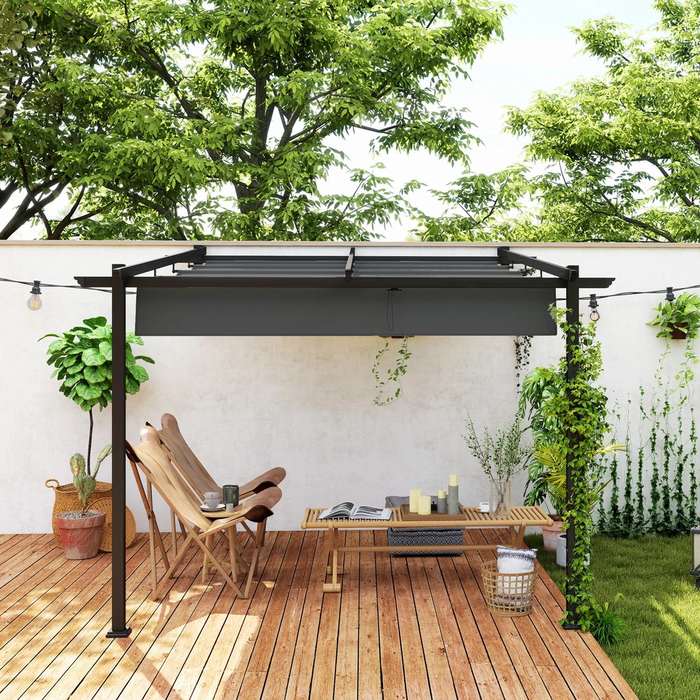 Outsunny Pawilon pergola 3x3 m montaż ścienny z regulowanym dachem wiatroodporna do ogrodu i tarasu ciemnoszary | Aosom PL