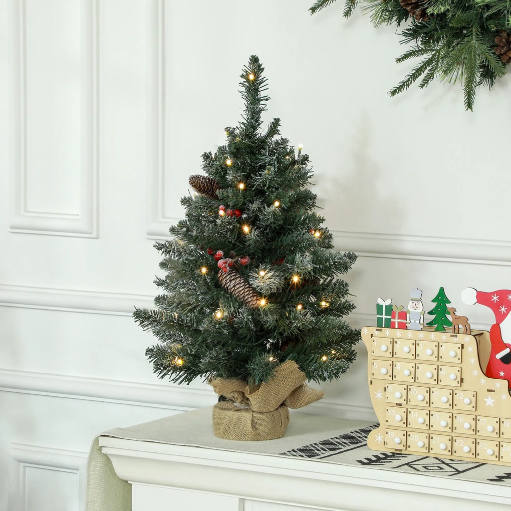 HOMCOM Sztuczna choinka, 86 gałązek, 50 ciepłobiałych LED, szronione końcówki, ognioodporna, 0,6 m | Aosom PL