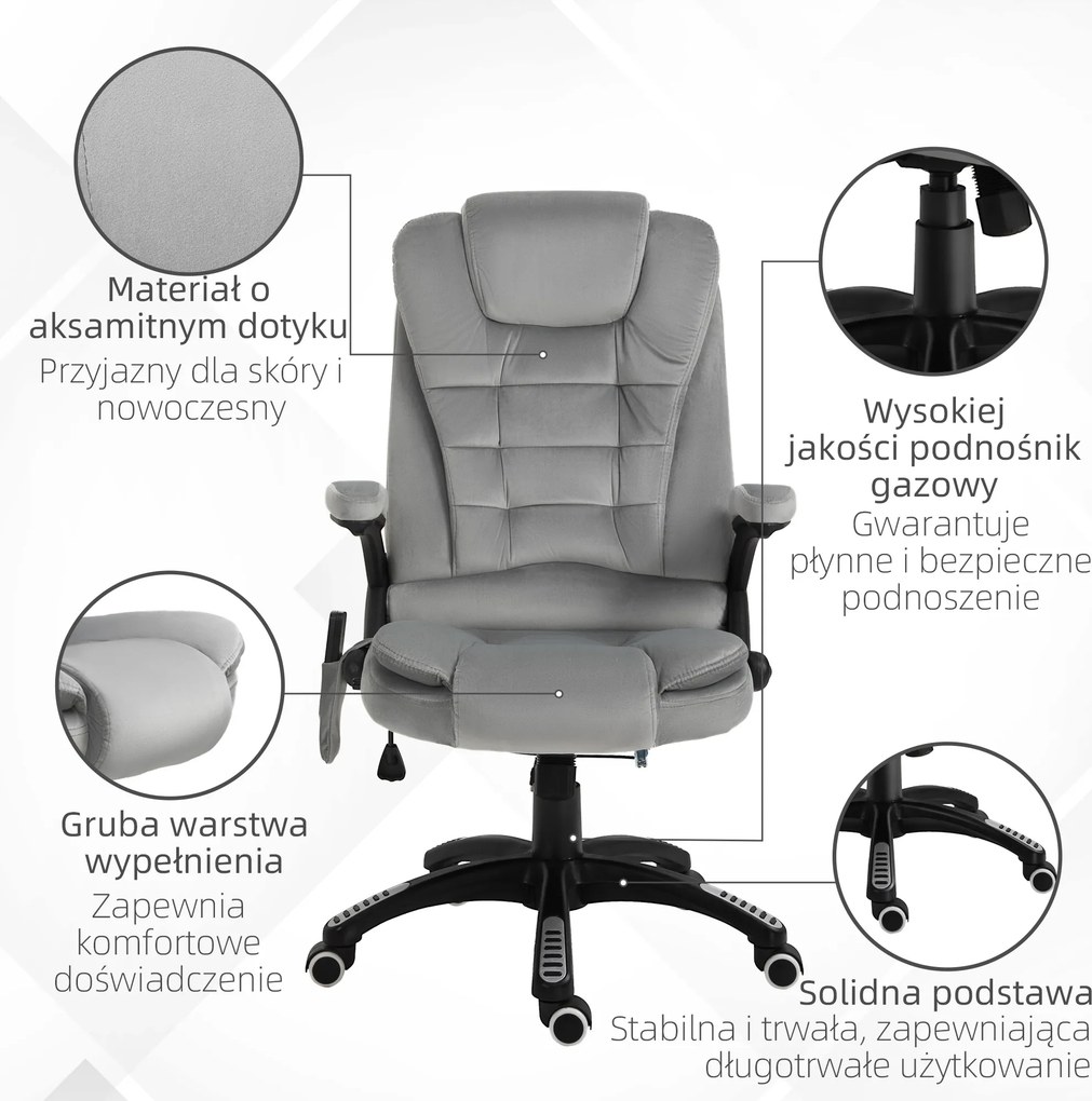 Vinsetto fotel biurowy do masażu krzesło obrotowe 6-punktowy masaż i ogrzewanie ergonomiczny odchylany do 130° z pilotem do 120 kg szary | Aosom PL