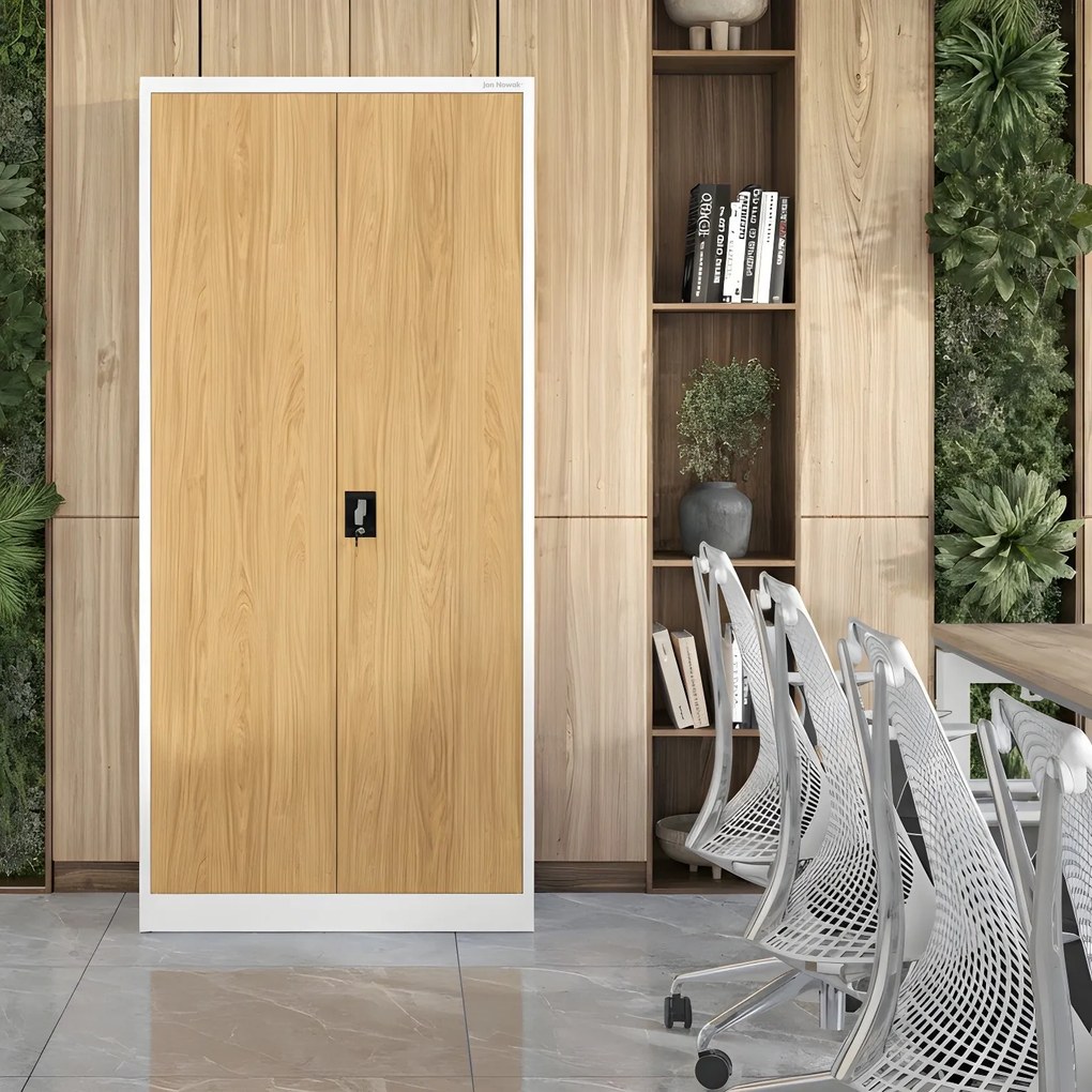 Szafa biurowa metalowa wysoka na dokumenty biała/złoty dąb, 900x1950x400 mm: JAN H Eco Design