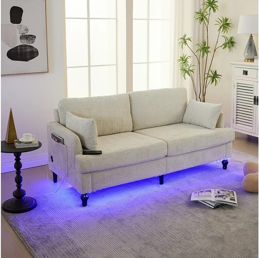 Sofa 2-osobowa z oświetleniem LED i portem USB, drewniane nogi - tkanina szenilowa beżowa