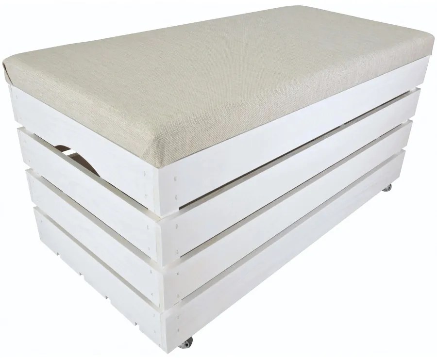 Pufa kufer skrzynia z kółkami drewniana sosnowa siedzisko 80cm malowana biała