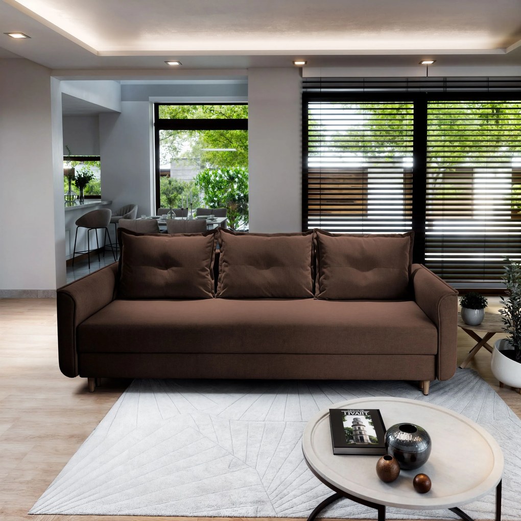 Masseno Sofa NAPOL z funkcją spania i pojemnikiem na pościel, Rozkładana sofa - Brązowy, KRONOS 06