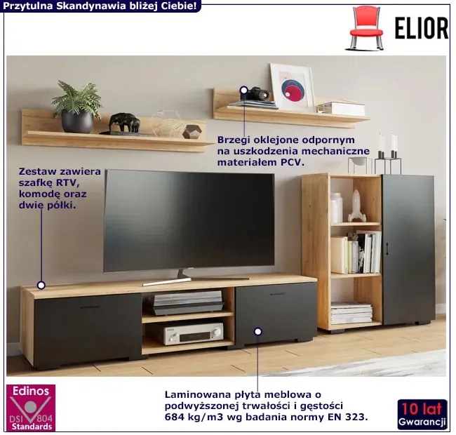 Zestaw mebli pod telewizor rtv do salonu dąb artisan + czarny N3-M97