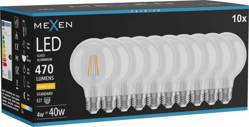 Mexen Vintis 10x żarówka filament LED E27, G80, 4W, Ciepła - 2700K, 470 lm, clear - L155-E27-0427-00x10