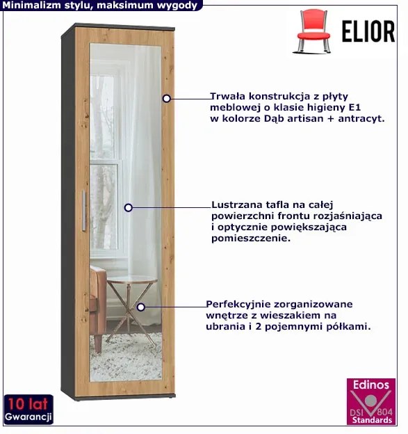 Szafa Z Lustrem Do Przedpokoju Antracyt + Dąb Artisan G0-E65