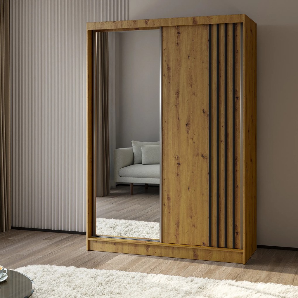 Szafa Przesuwna NELVIA 150 cm z Lustrem Szafa Dwudrzwiowa Dąb artisan