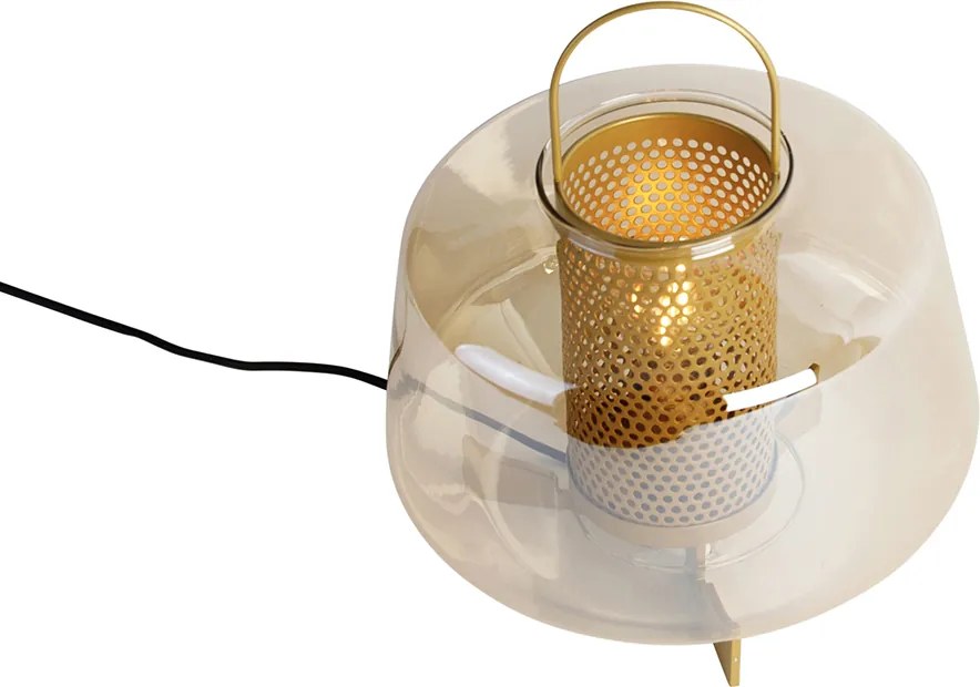 Lampa stołowa art deco złota z bursztynowym szkłem 30 cm - Kevin