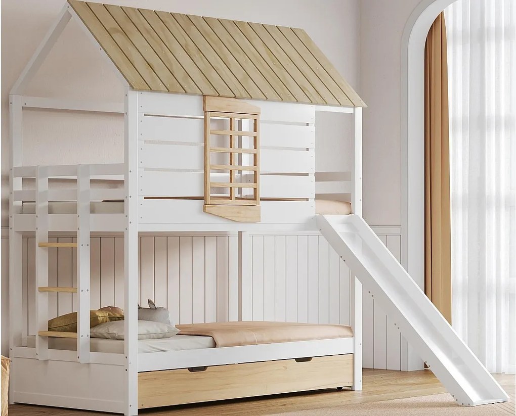 Łóżko piętrowe dla dzieci 90x200 cm - ze zjeżdżalnią i wysuwanym łóżkiem - białe + kolor naturalny (bez materaca)