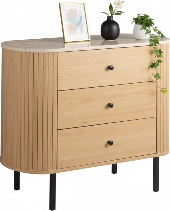 Owalna komoda z szufladami ryflowana Fabia 80 cm, dąb/trawertyn