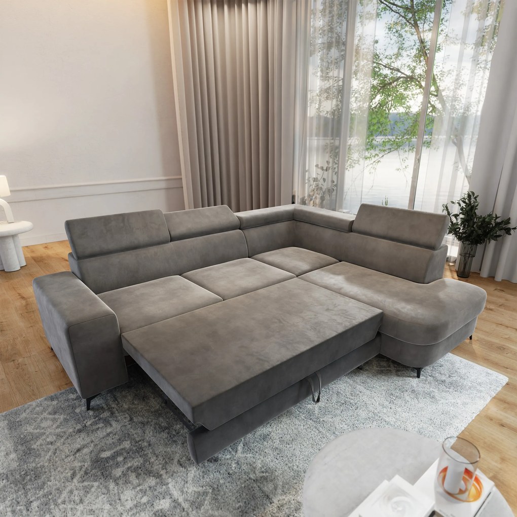 Masseno Narożnik ALVORO z funkcją spania i pojemnikiem na pościel Narozniki L, Rozkładana sofa - Szary, MONOLITH 85