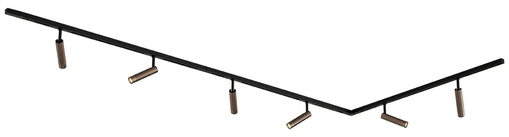 Nowoczesny system oświetlenia szynowego Slimline Uzzy z 6 ciemnobrązowymi reflektorami jednofazowymi