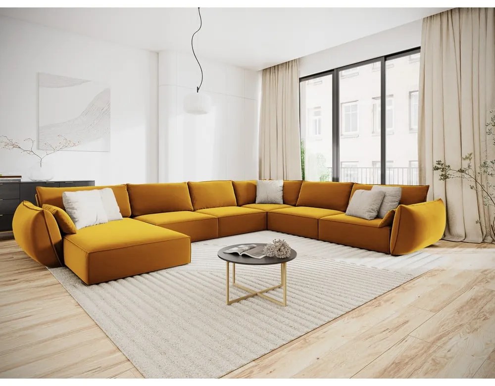 Musztardowy aksamitny narożnik (prawostronny/w kształcie litery U) Vanda – Mazzini Sofas