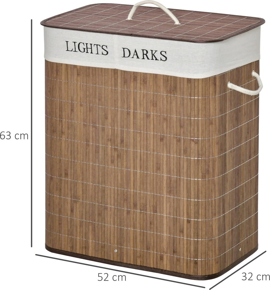 HOMCOM Kosz na Pranie 100L Bambus Poliester Bawełna z 3 Uchwytami Brązowy Biały 52x32x63cm | Aosom PL