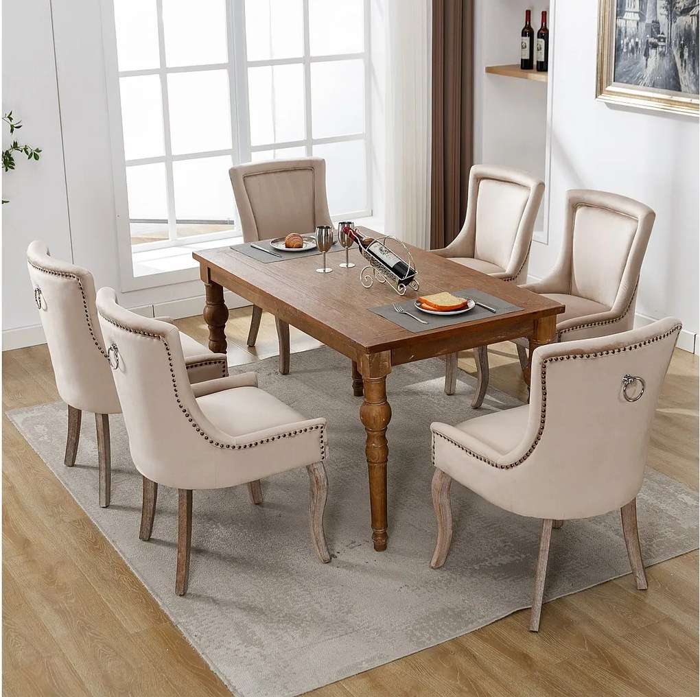 Komplet 4 krzeseł do jadalni - tapicerowane siedziska zdobione ozdobnymi ćwiekami i nogi z litego drewna - beżowy aksamit