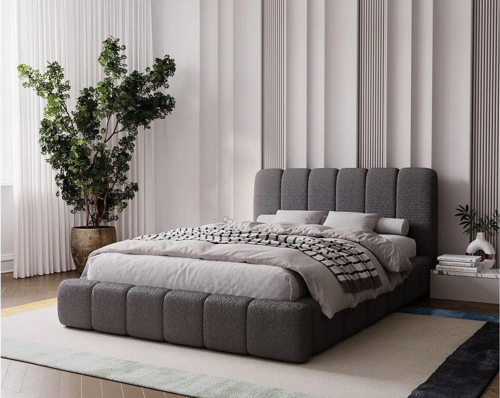 Emporius Milan łóżko tapicerowane 180x200 - pufiaste łóżko do sypialni, łóżko z pojemnikiem i stelażem - tkanina boucle, ciemny szary (Anthology 18)