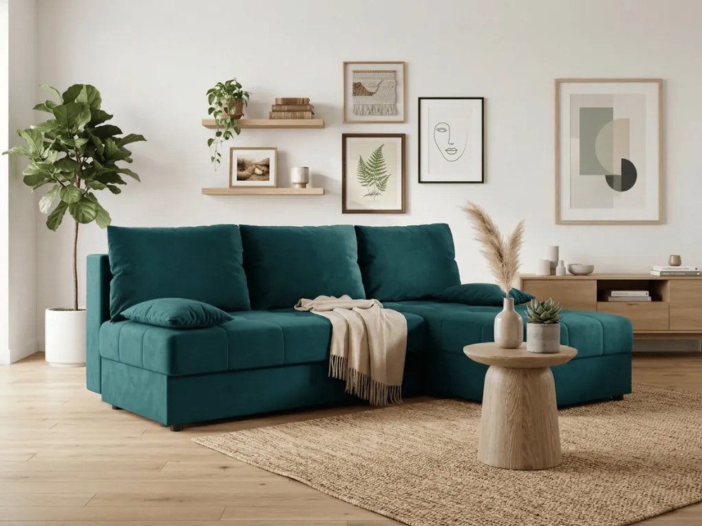 Rozkładana narożna sofa VENORIA SLIM 200x143 cm, petrolowa, uniwersalna + 2 poduszki GRATIS