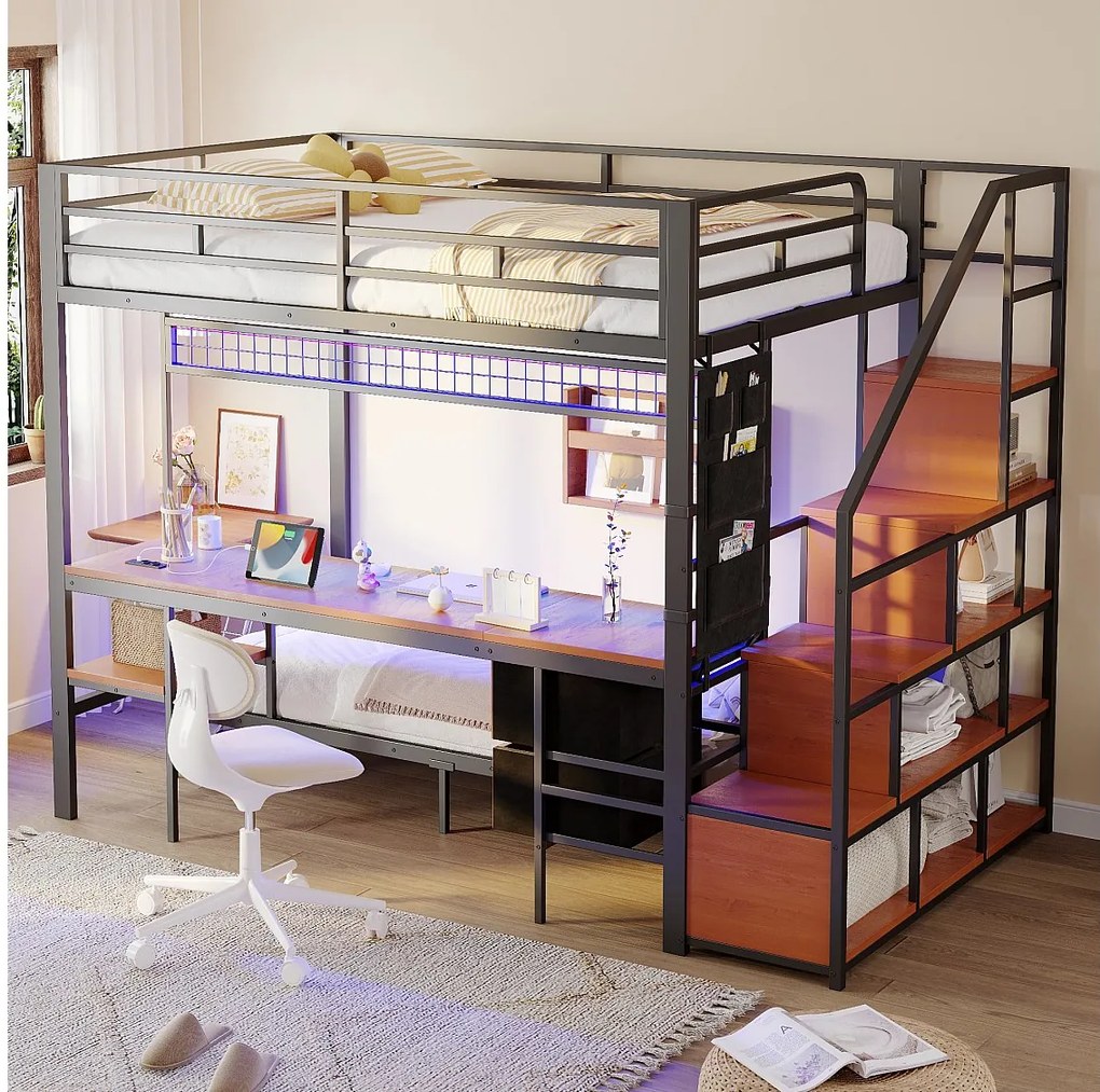 Łóżko piętrowe metalowe dla dzieci - 140 x 200 cm + 90 x 200 cm - z biurkiem + oświetlenie LED + drabinka - drewno + metal - czarne