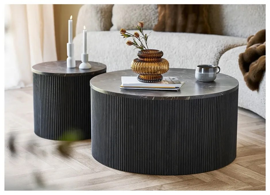 Ciemnobrązowy okrągły stolik z blatem w dekorze marmuru ø 80 cm Rota – House Nordic