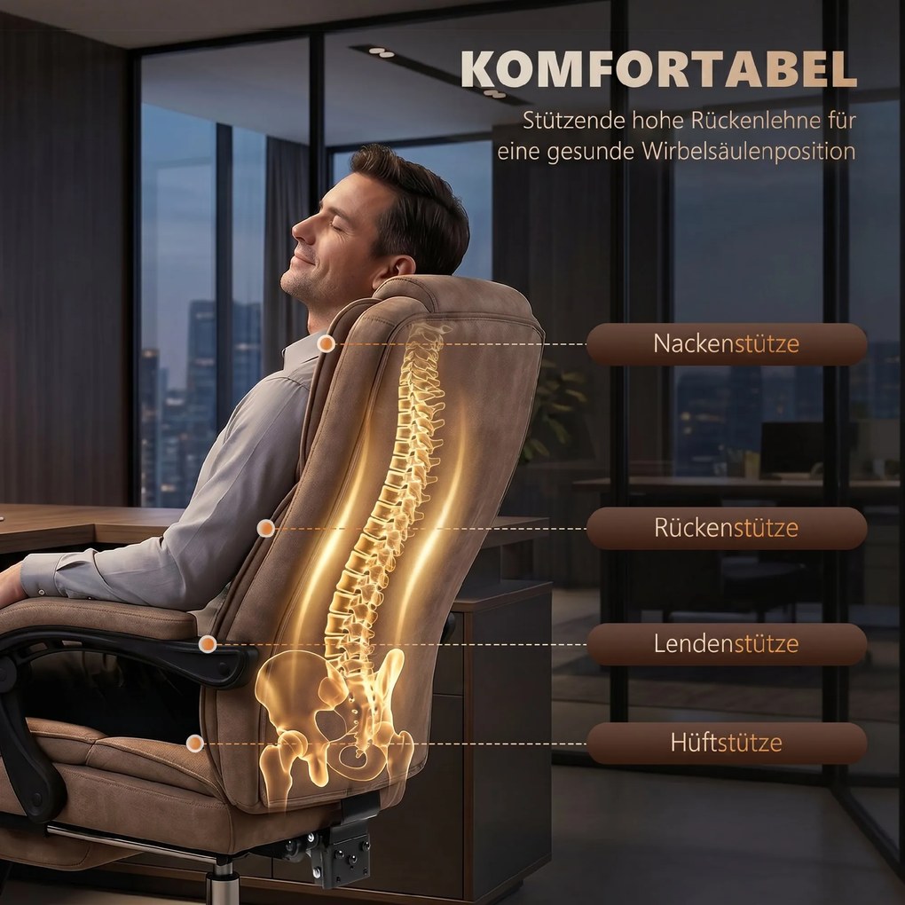 Vinsetto Ergonomiczny fotel biurowy z funkcją masażu, podnóżek, obrotowy, na kółkach, Brązowy | Aosom PL