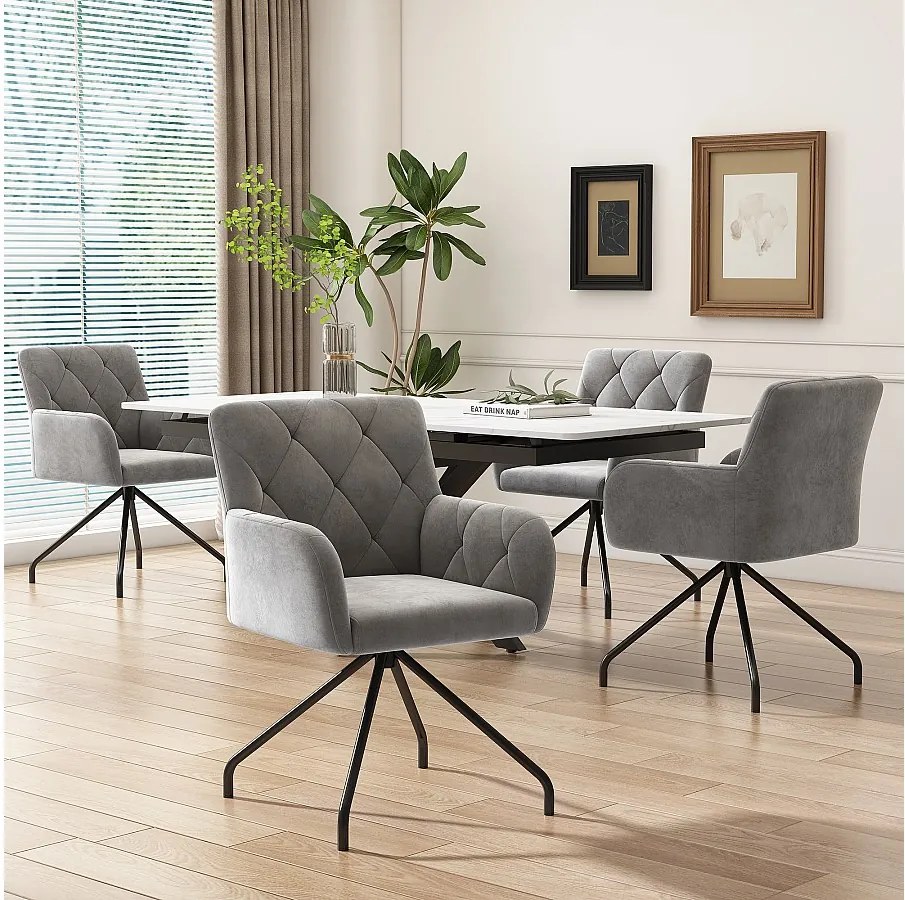 Zestaw 4 krzeseł do jadalni Velvet - 85 x 49 x 49 cm - tapicerowany fotel z 4 metalowymi nogami - z podparciem lędźwiowym - szary