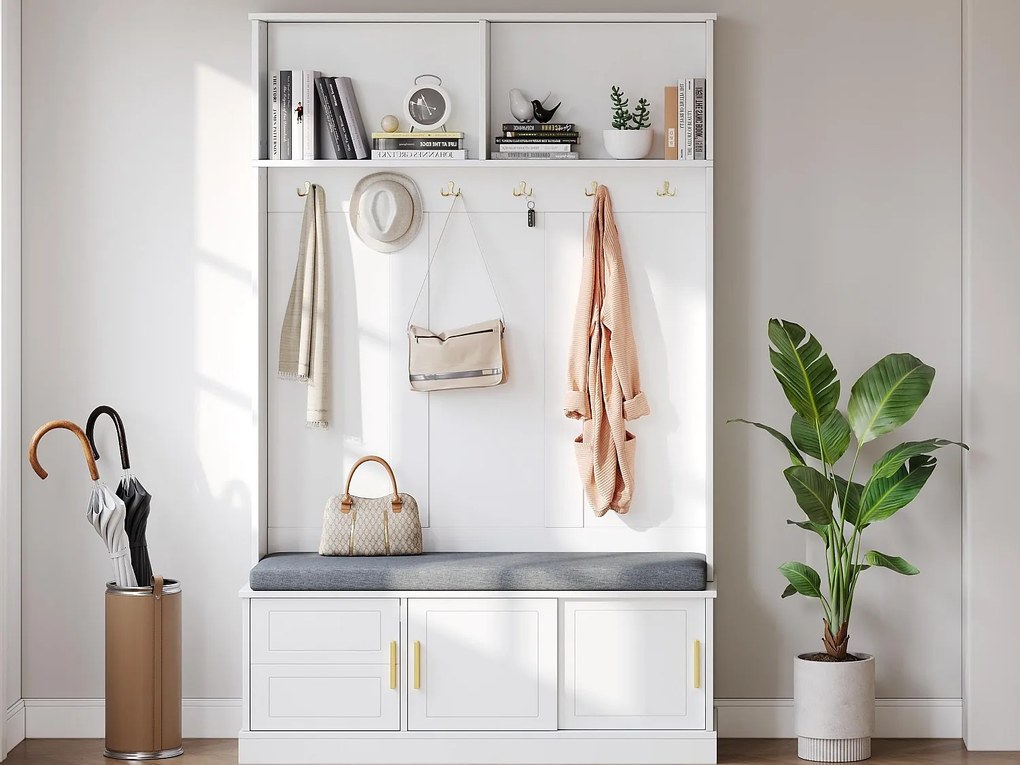 Nowoczesna szafa na przedpokoju - z 6 hakami i 3 drzwiami - z ławką i otwartymi półkami - Biała