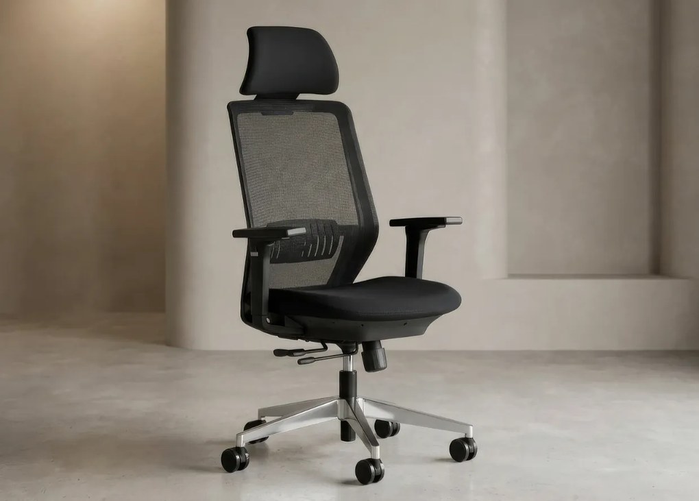 Najwyższej klasy fotel biurowy z pełną regulacją 3D (podłokietniki, zagłówek, lędźwie, głębokości siedziska. Ergonomiczne oparcie, baza chromowana. Odporność 110k cykli Martindale'a. Zgodny z normą BHP 2023. Super cena!