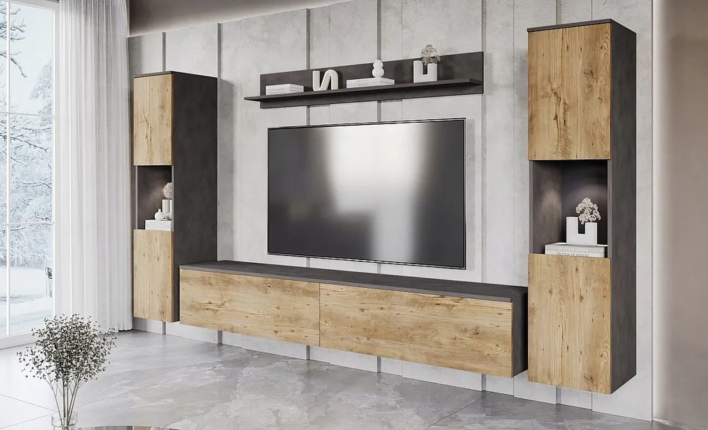 Nowoczesna meblościanka 4-elementowa do salonu z LED, 2 słupki, szafka RTV 180 cm i półka, korpus antracyt mat, fronty kasztan