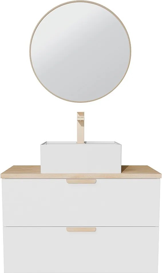 Wisząca szafka łazienkowa z umywalką wpuszczaną w blat kwadratową, baterią i lustrem – Biała – S80 cm – AVORELI
