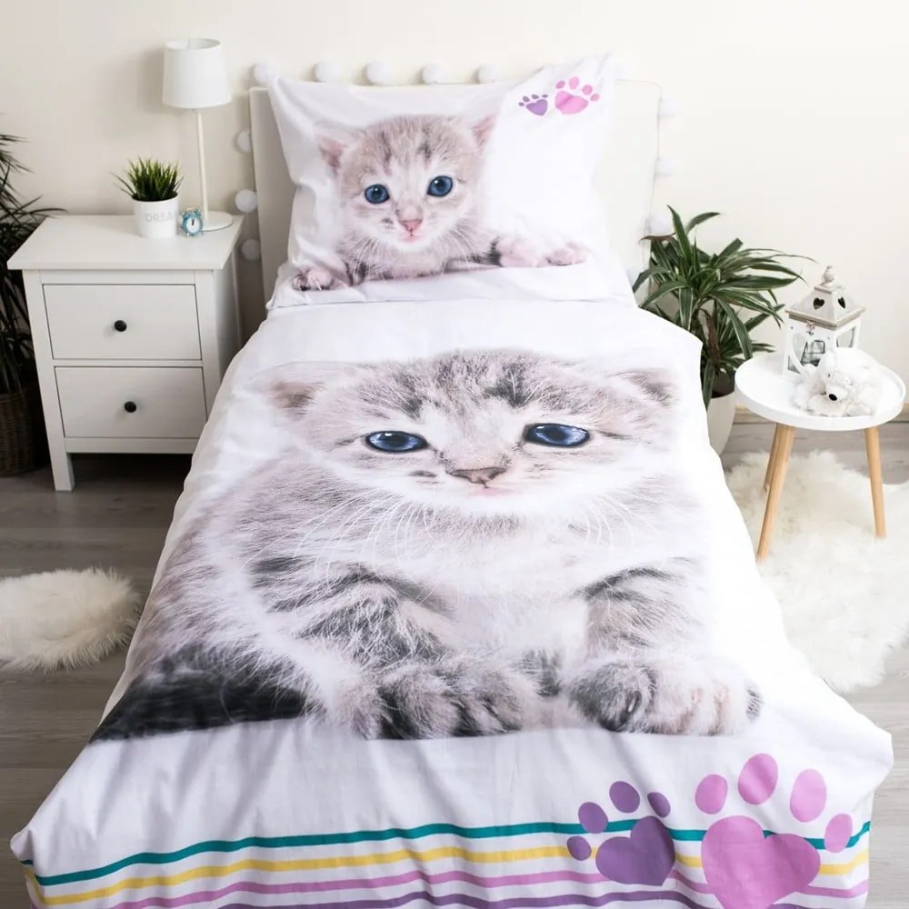 Biała bawełniana pościel dziecięca jednoosobowa 140x200 cm Kitten "Colour" – Jerry Fabrics