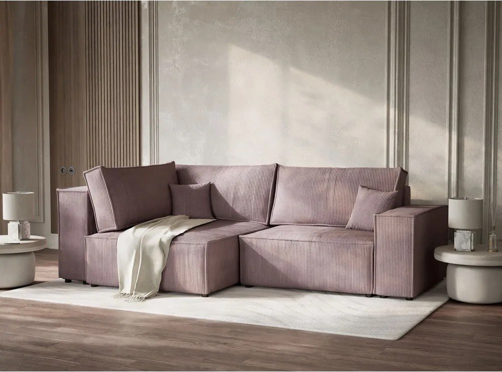 Fioletowy sztruksowy rozkładany/ze schowkiem narożnik (lewostronny/w kształcie litery L) Tonga – Maison de Rêve