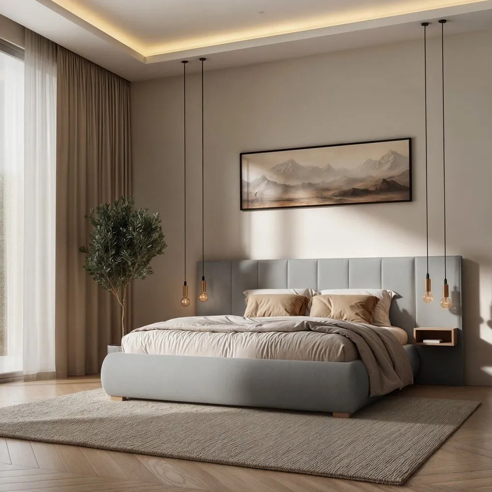 Szare tapicerowane łóżko dwuosobowe ze stelażem 180x200 cm Fioro – MESONICA
