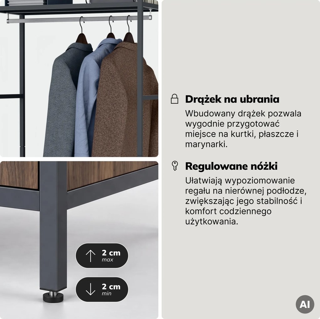 Regał biurowy otwarty z drążkiem na ubrania, do recepcji i poczekalni, metalowy, antracytowy/orzech, 800x2200x400 mm: ARIEL Eco Design