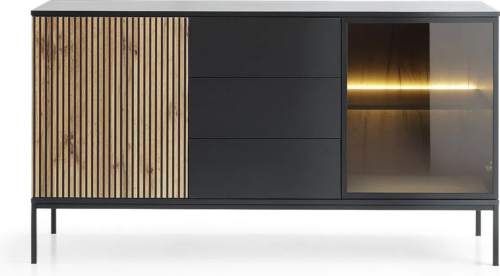 Nowoczesna komoda szeroka z szufladami i frezowanym frontem 154×83×39 cm, w kolorze Czarny / Dąb Wotan